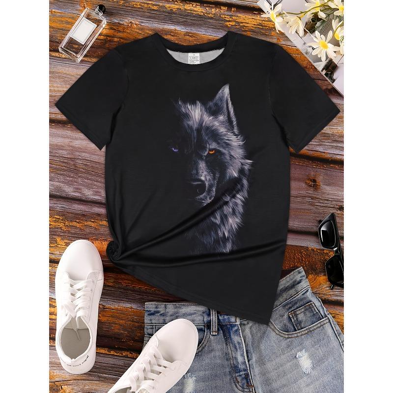 Womens Wolf All Over Print T Shirt Breathable Round Neck Short Sleeve Casual Fashion Top
