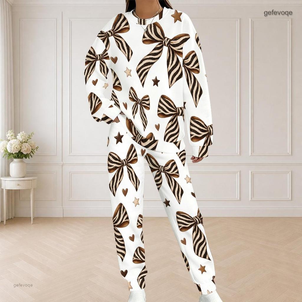 Women Plus Size White Floral Printed Round Neck Long Sleeve Top And Long Pants Two Piece Set