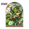 Stylish Interior Ornament Stained Glass Style Acrylic Table Centerpieces, Floral & Landscape Pattern Durable Desk Tabletop Sign with Wood Base