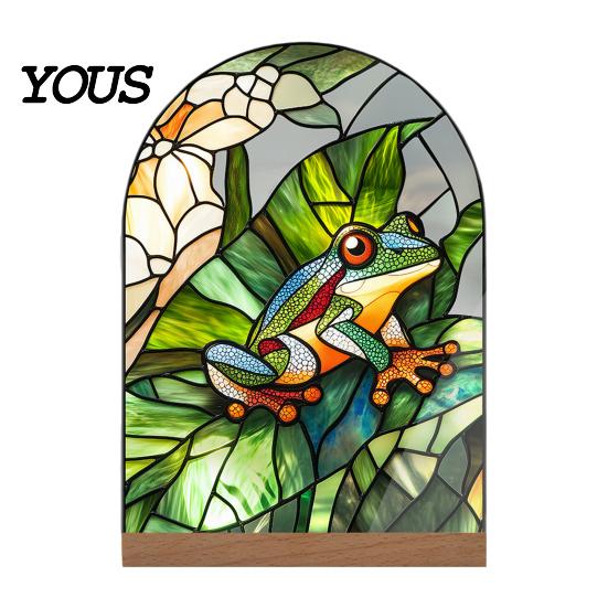 Stylish Interior Ornament Stained Glass Style Acrylic Table Centerpieces, Floral & Landscape Pattern Durable Desk Tabletop Sign with Wood Base