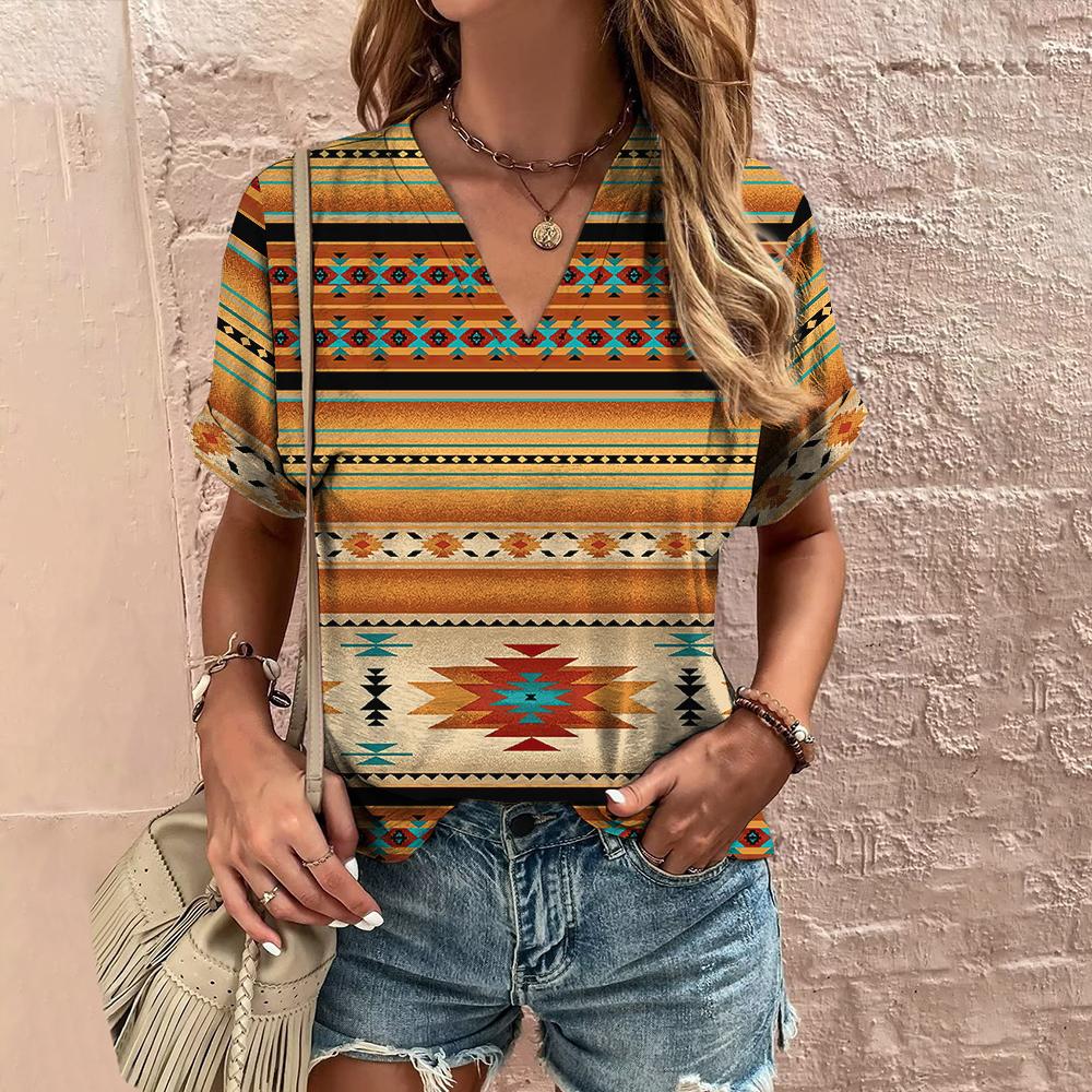 Tricou etnic de damă de vară cu decolteu în V Tricou cu mânecă scurtă Top lejer casual Tricou nou cu mânecă scurtă vintage pentru îmbrăcăminte pentru femei Cămașă