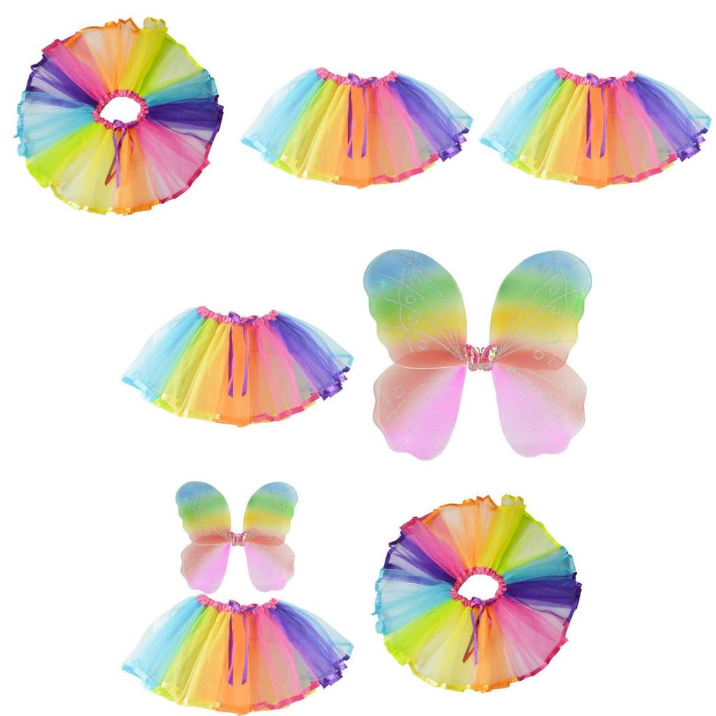 Halloween Dancewear With Rainbow Net Skirt And Single Layer Wings For Kids Party