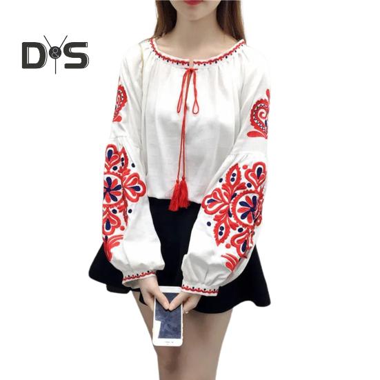 

Летняя рубашка женская в этническом стиле с вышивкой, пуловер, топы с круглым вырезом, рукавом-фонариком, свободная блузка белый
