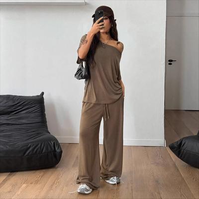 Off-the-shoulder Wide-leg Pants Set - Spring/Summer Women's Casual Sports Short-sleeved Two-piece Loose Pants