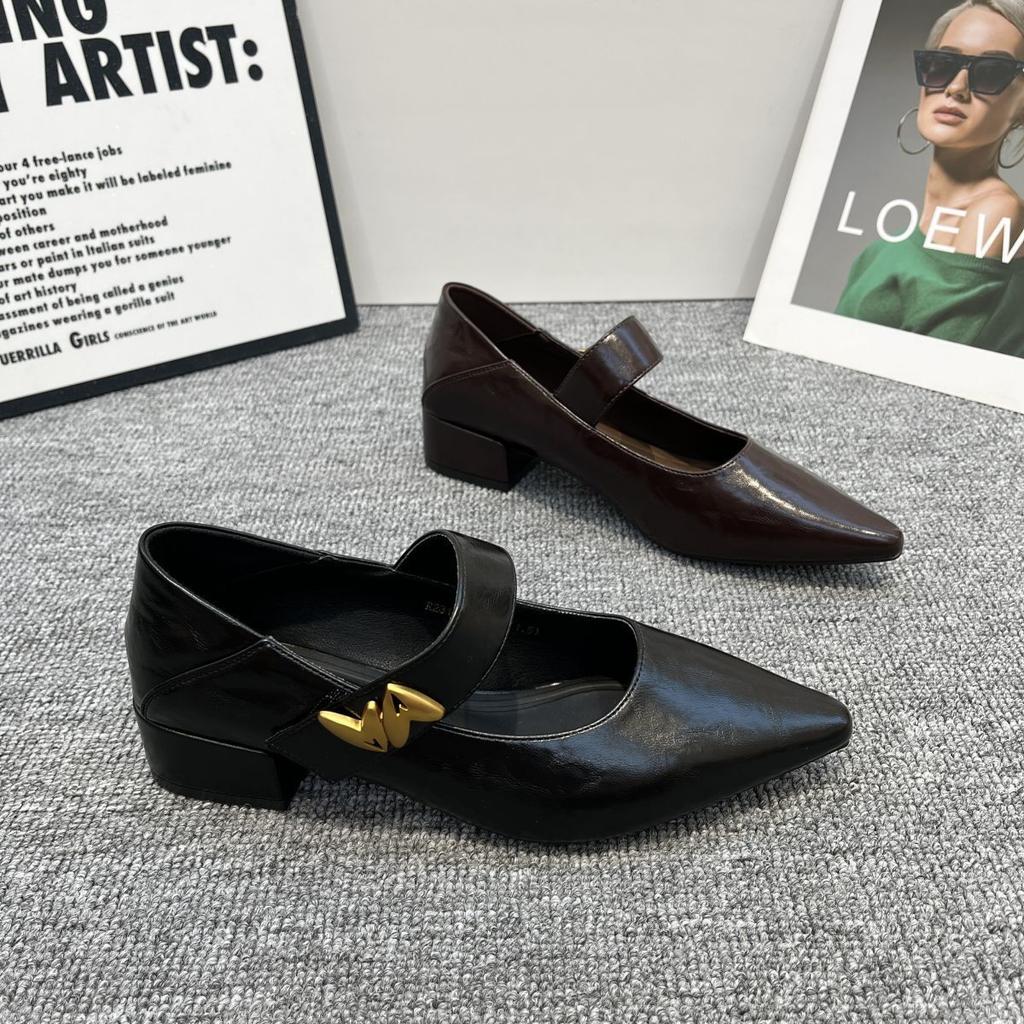 French thick heel single shoes women's 2025 autumn new metal buckle pointed head shallow mouth foreign style word with Mary Jane women's shoes