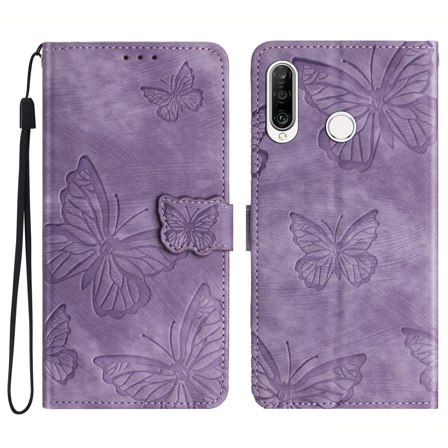 

For Huawei P30 Lite Stand Wallet Skin-touch Leather Phone Case Butterfly Imprinted Cover Purple
