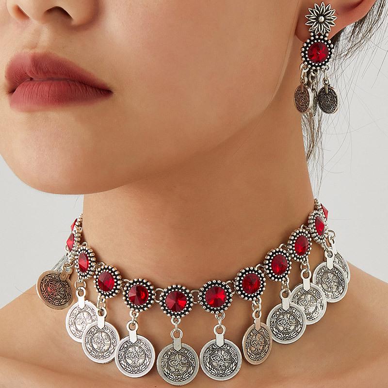 Modieuze Retro Midden-Oosterse Stijl Sprankelende Diamant Munt Vrouwen Sieraden Set - Ketting & Oorbellen