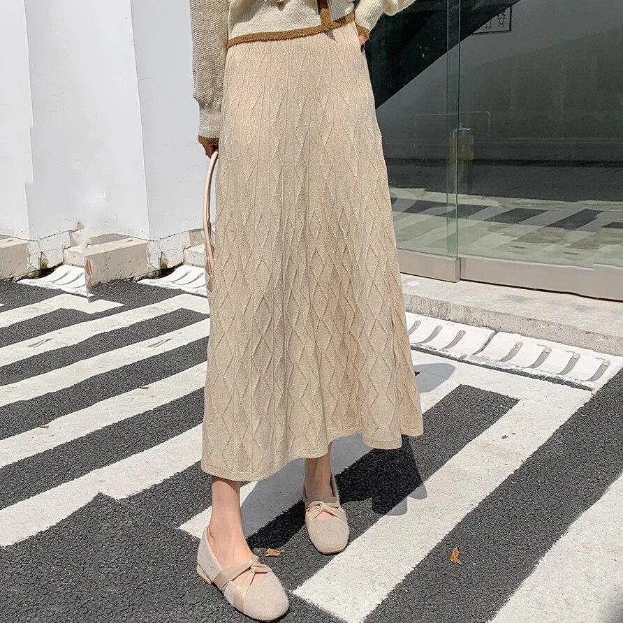 Women Solid Color Knitting Long Skirt Elegant All Match Diamond Grid A-line Skirt