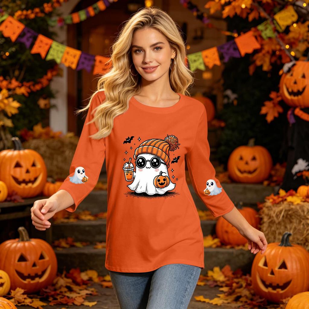 Women's Casual Three-Quarter Sleeve Halloween Print Neck Top