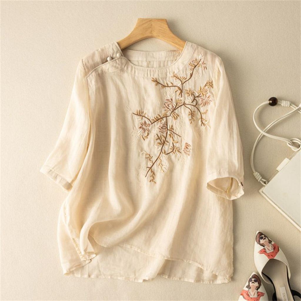 Women's Vintage Inspired Loose Fit Mid-Sleeve Cotton Linen Blend Embroidered Top