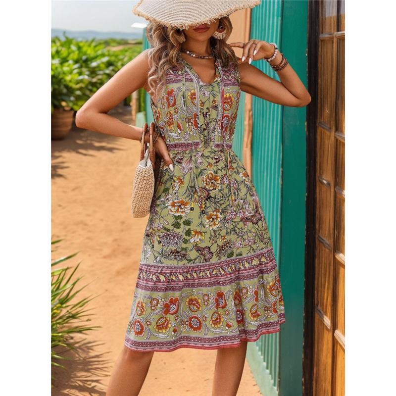 Women's Ethnic Style Printed Dress Elegant Sleeveless V-neck Knee-length Dress