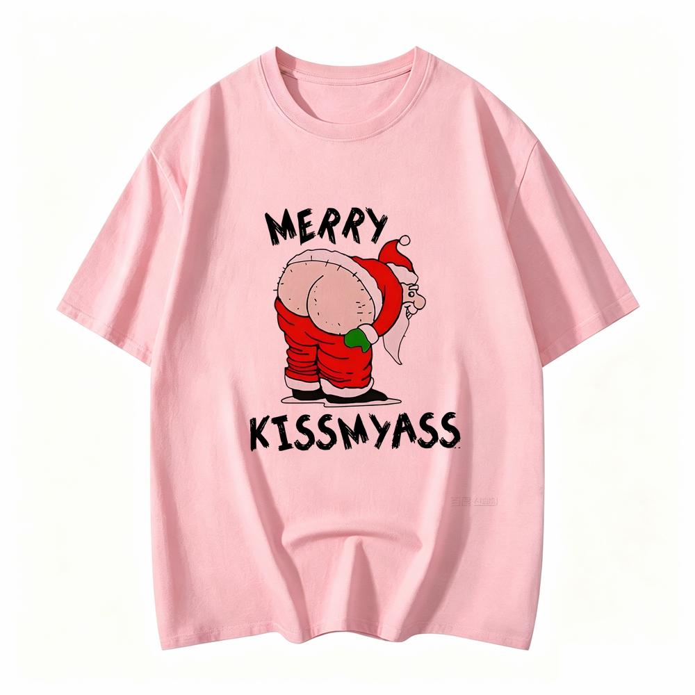 Unisex Merry Christmas Kiss My Ass Funny Santa Claus Print Soft Comfortable Street Short Sleeve Round Neck Causal Clothing