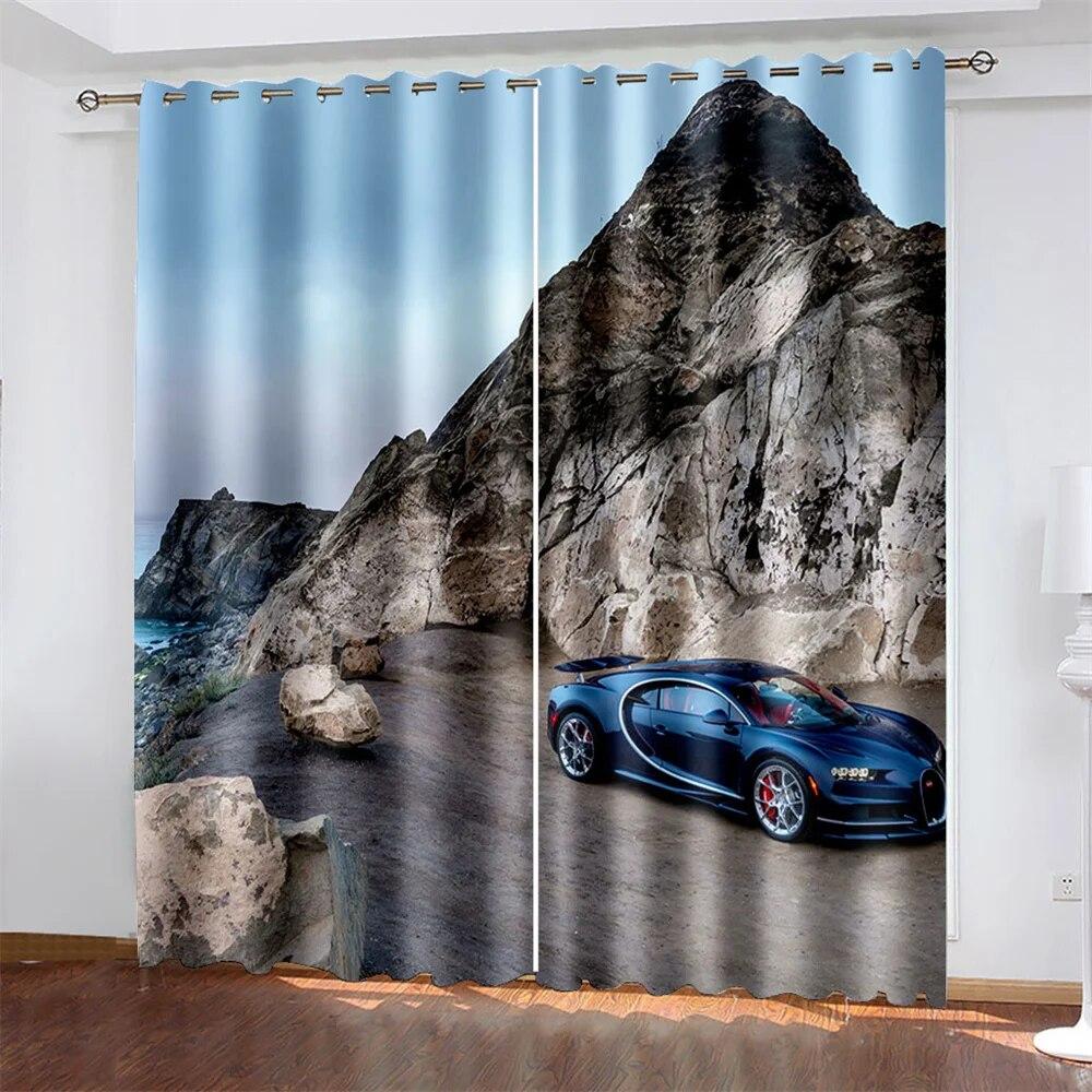 3D Trendy City Sports Car Scenery 3D Printing Semi Sunshade Window Curtain Polyester Fabric For Bedroom Hook Accessories  2pcs
