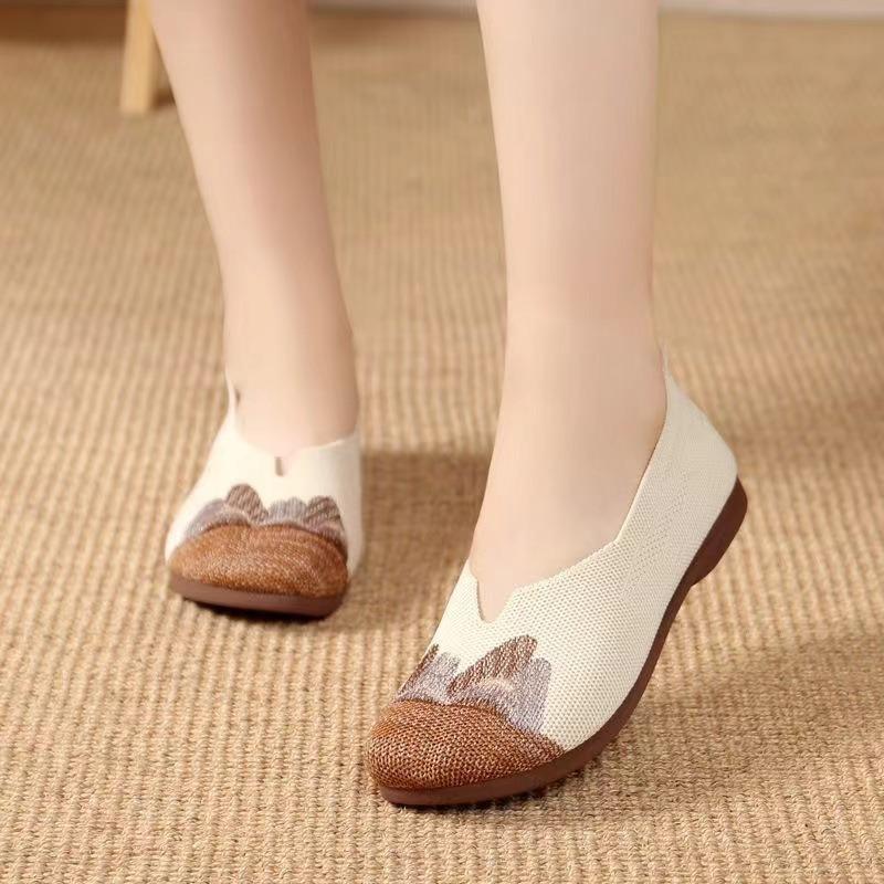 Schuhe Damen Frühling neue Landschaft bestickte Schuhe runde Spitze weiche Sohle bequeme Einschlupfschuhe