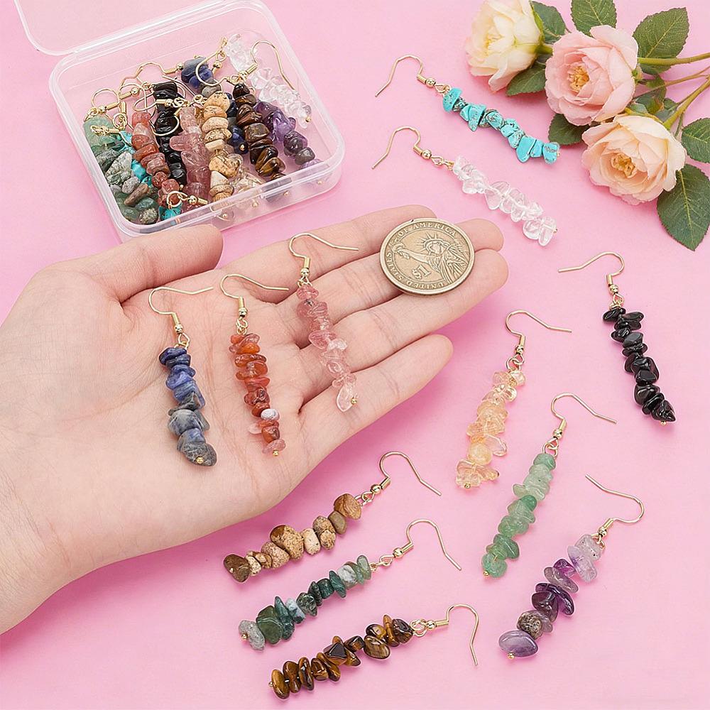 12Pair Natural & Synthetic Gemstone Dangle Earrings, with Brass Findings, 62mm