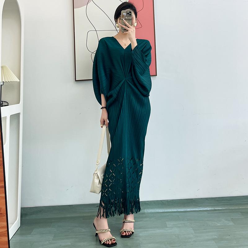 Miyake Pleated Large V-Neck Fishtail Tassel Dress with Bat Sleeves, 2025 Collection