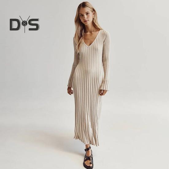 Fall Winter Women Dress V Neck Threa Loose Long Sleeves Solid Color Knitted Slim Waist Maxi Dress Stretchy Casual Dating Commuting Dress
