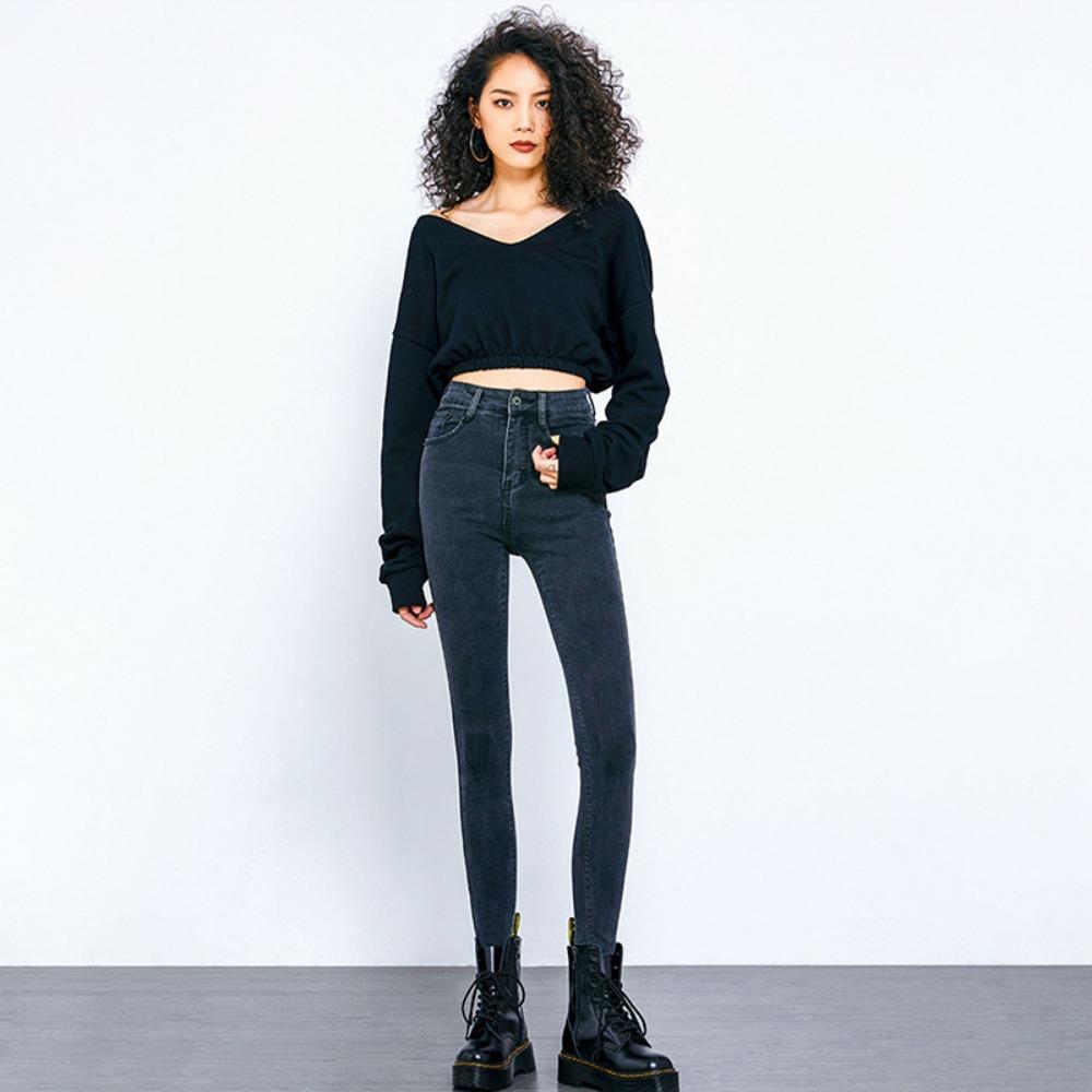 

Повседневные универсальные женские джинсы 2025 новый осенне-зимний сезон корейская версия с высокой талией и облегающие узкие джинсы с маленьким клешем 32 сине серый