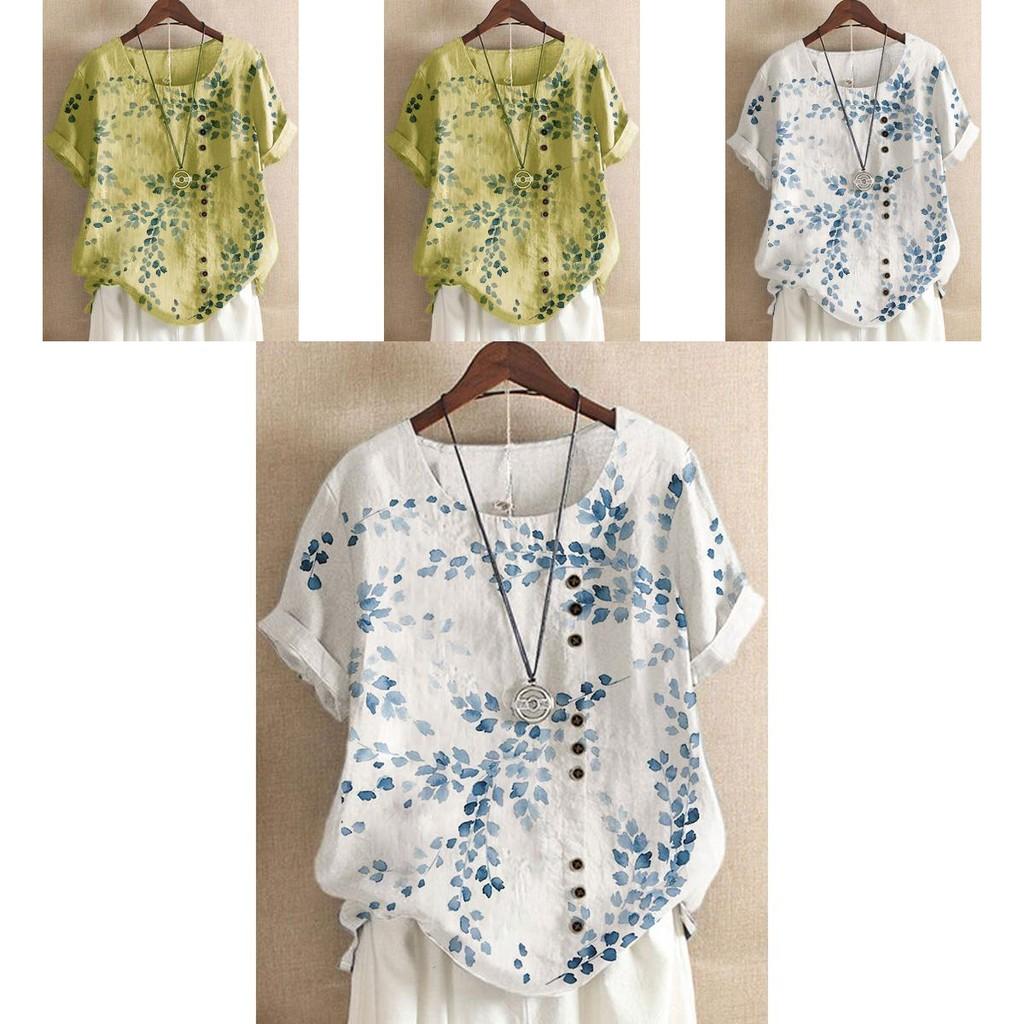 Ladies' Plus Size Floral Print Top Made From Soft Breathable Cotton Linen