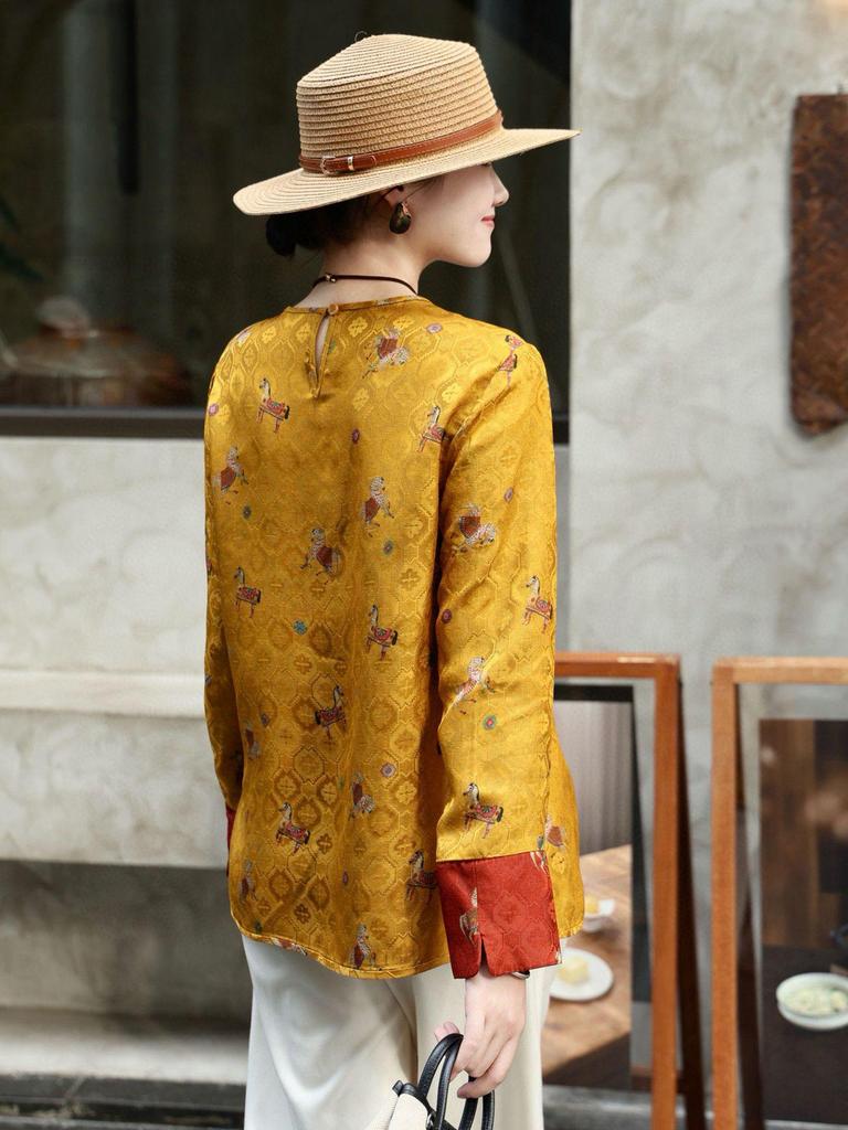 Golden Saddle Jacquard Silk Xiangyun Women's Round Neck Shirt - Spring 2026 Chinese Style Top