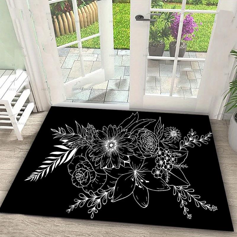 Blumen-Skizzen-Teppichmatte - Schwarz Weiß Rose Lilie Gänseblümchen Blume Linienkunst Minimalistisch Modern Dekorative Wohnkultur Teppich Schlafzimmer