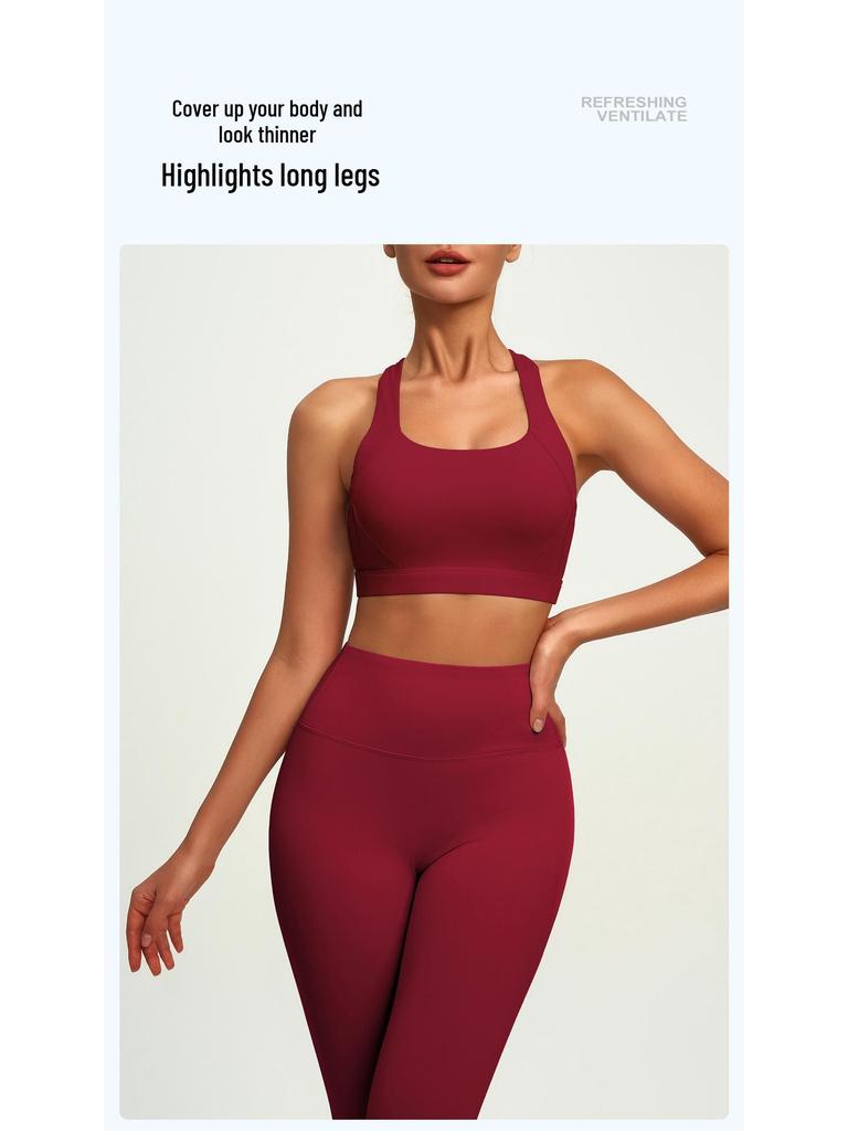 Set de Yoga cu Sutien Sport din Nailon Rezistent la Șocuri, Față-Spate și Pantaloni pe Nouă Puncte pentru Femei