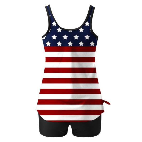 2Pcs/Set Women Tankini Set American Independence Day Print Vest Solid Color Swimming Shorts Set Swimwear