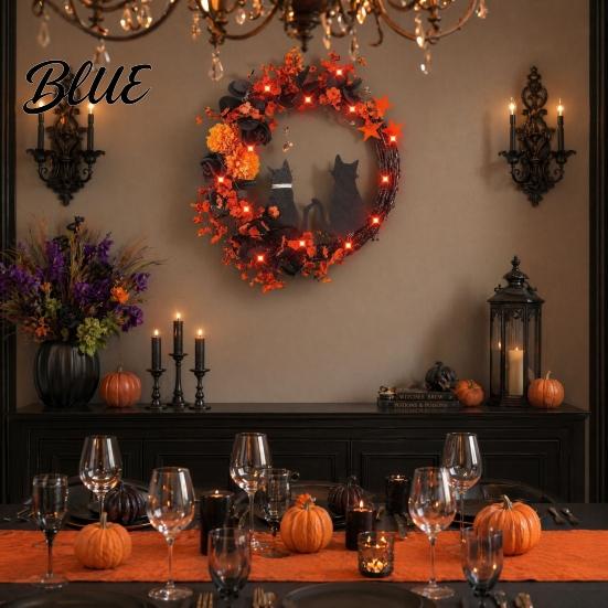 Halloween Store Decoration Lights Floral Garland with String Lights Black Cat Silhouette Door Wreath Wreath for Front Indoor Outdoor Wall