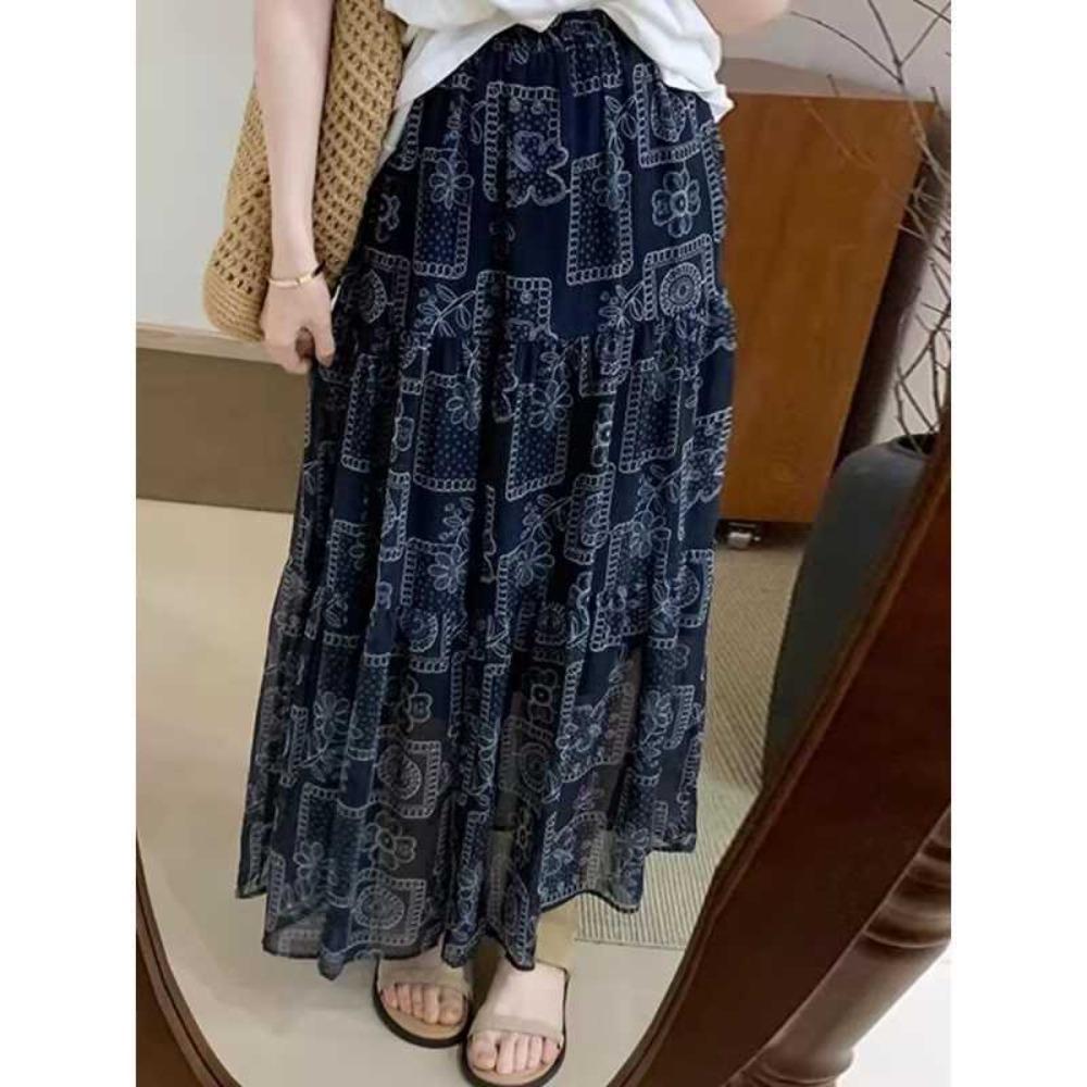 Women s Floral Print Tiered Maxi Skirt Elastic Waist A-Line Flowy Casual Long Skirt M