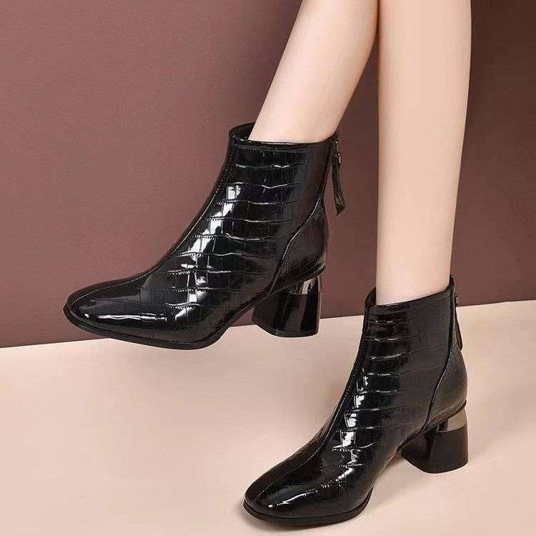 Women's Patent Leather Chunky Heel Ankle Boots - French-Style Bestseller