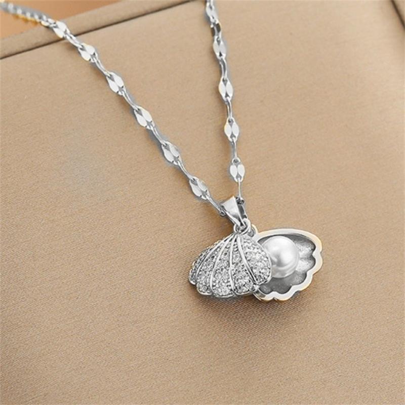 

Fashion Shell Starfish Pearl Pendant Necklace for Women Stainless Steel Zircon Heart Clavicle Chain Summer Beach Jewelry Gift