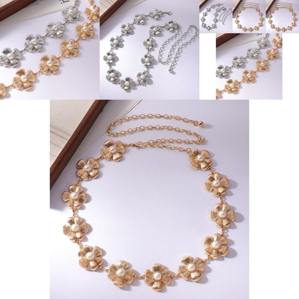 Eleganter Metall-Taillengürtel mit Perlenblumen und geschnitzten Elementen für Damen für Frühling und Sommer