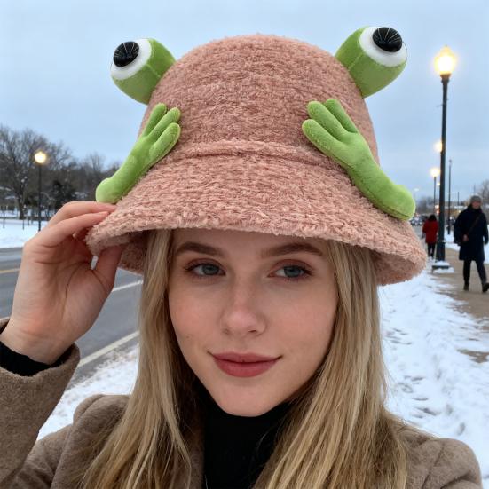 Winter Fischerhut Cartoon 3D Frosch Design Verdickter Plüsch Fischerhut Damen Outdoor-Aktivitätszubehör