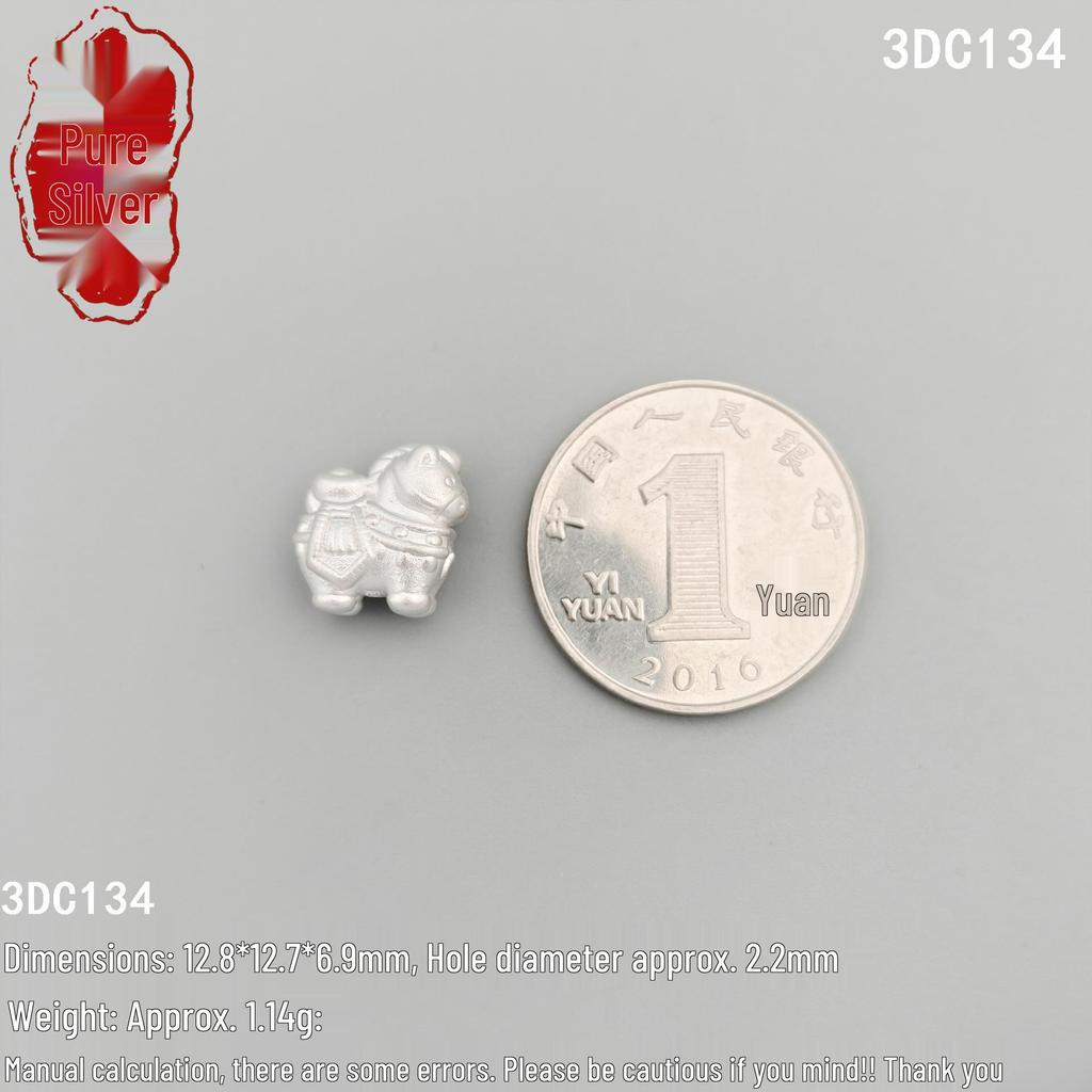 S999 Sterling Silver 3D Zodiac Horse Bead Charm for DIY Jewelry