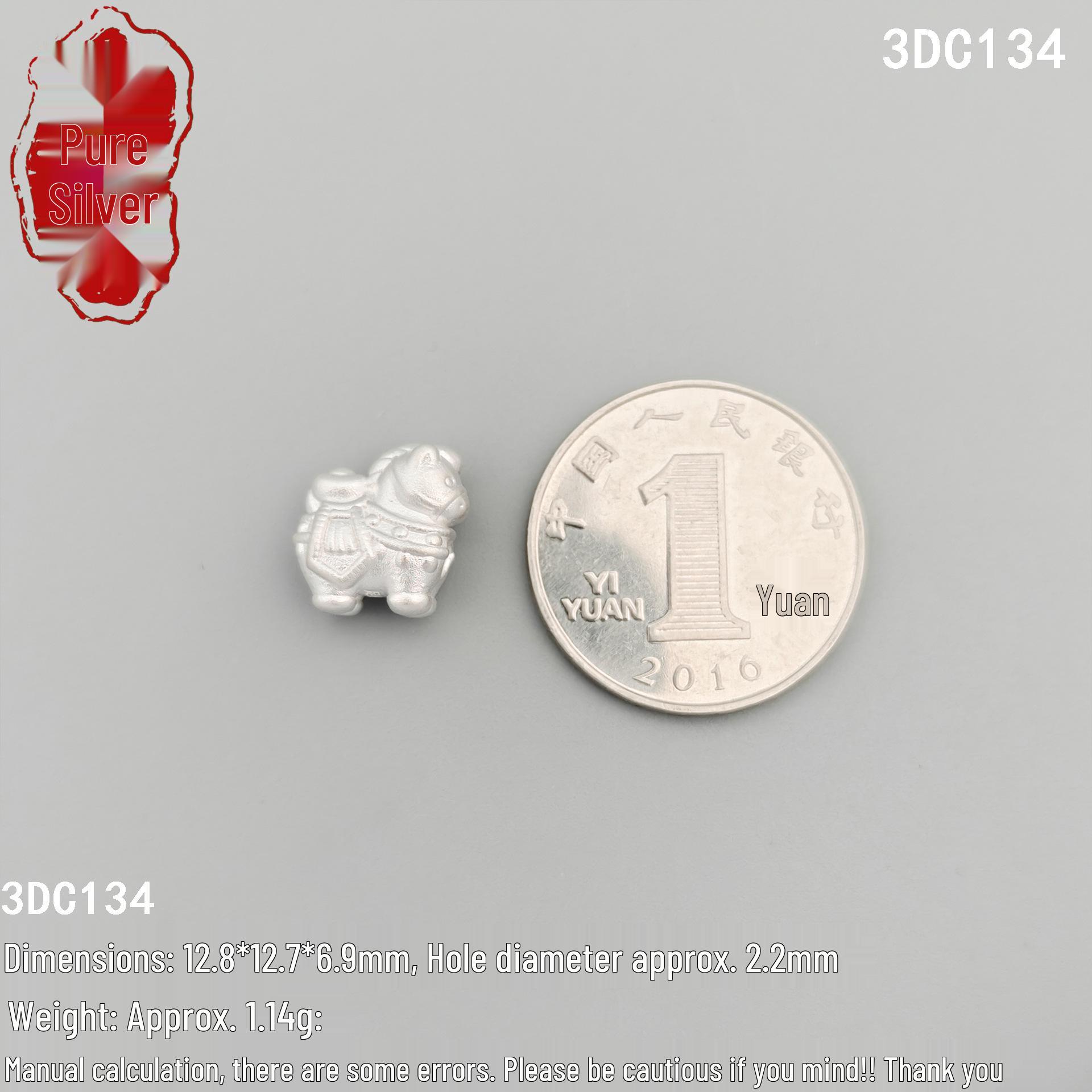 S999 Sterling Silver 3D Zodiac Horse Bead Charm for DIY Jewelry