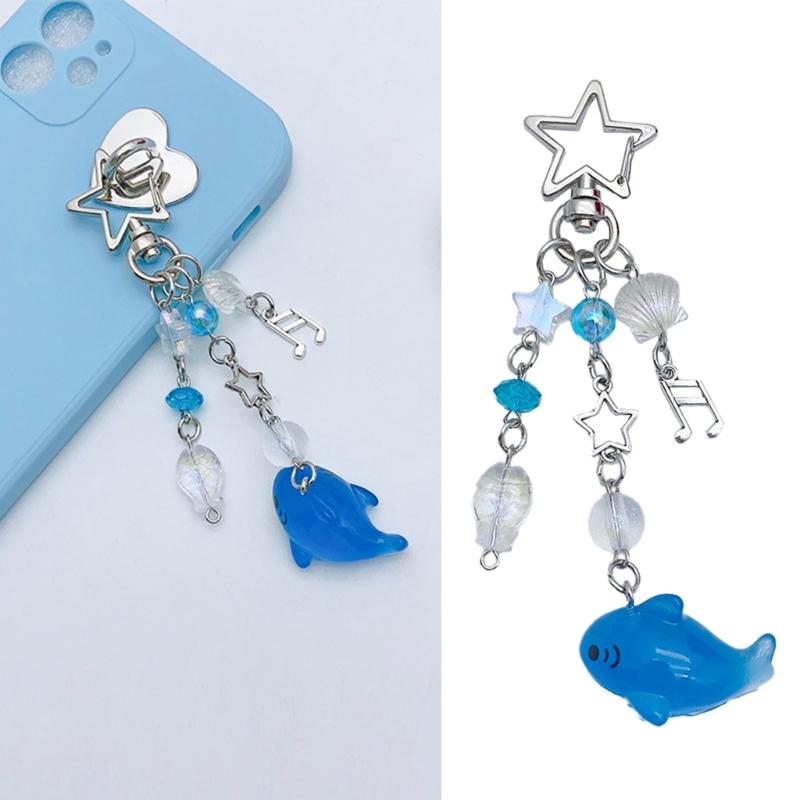Creative Cartoon Whale Keychain Star Pendant Resin Beaded Keyring for Women Bag Backpack Car Key Holder Phone Case Charm