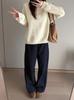 Korean Style Ruffle Sweater - Round Neck, Raglan Sleeves, Slim Fit, Solid Color, Textured Design