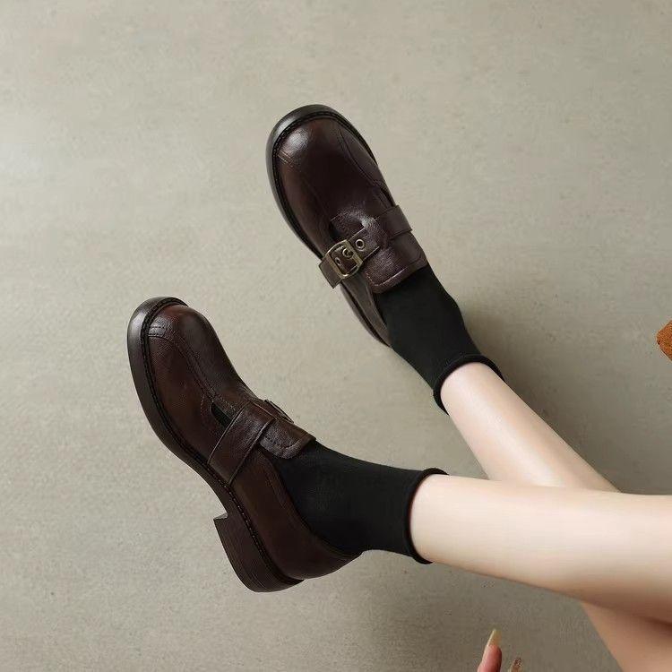 Retro Belt Buckle Round Head Small Leather Shoes Women's 2025 Spring and Autumn One-pedal Single Shoes British Loafers Black Dark Brown