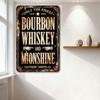 Vintage Southern Moonshine Bourbon Whiskey Metal Tin Sign, Distressed Black Background with White Text, Ornate Border, Man Cave