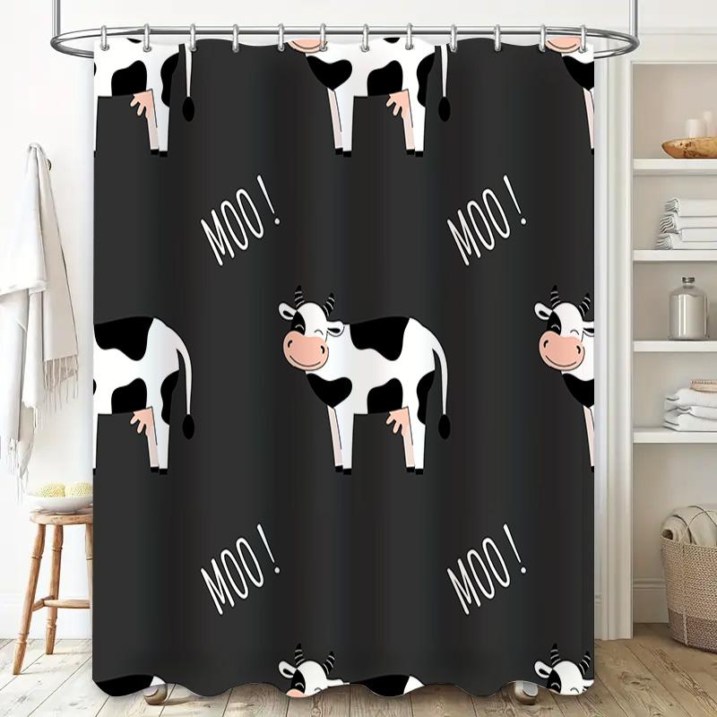 Adorable Cow Print Shower Curtain With Hook Rings For Bathroom Decor Black White Design 72 Inches Long (180Cm)