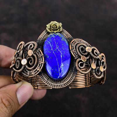 Lapis Lazuli Gemstone Bangle Copper Wire Wrapped Cuff Bracelet Adjustable Bangle Handmade Copper Wire Jewelry Flower Bangle Anniversary Gift
