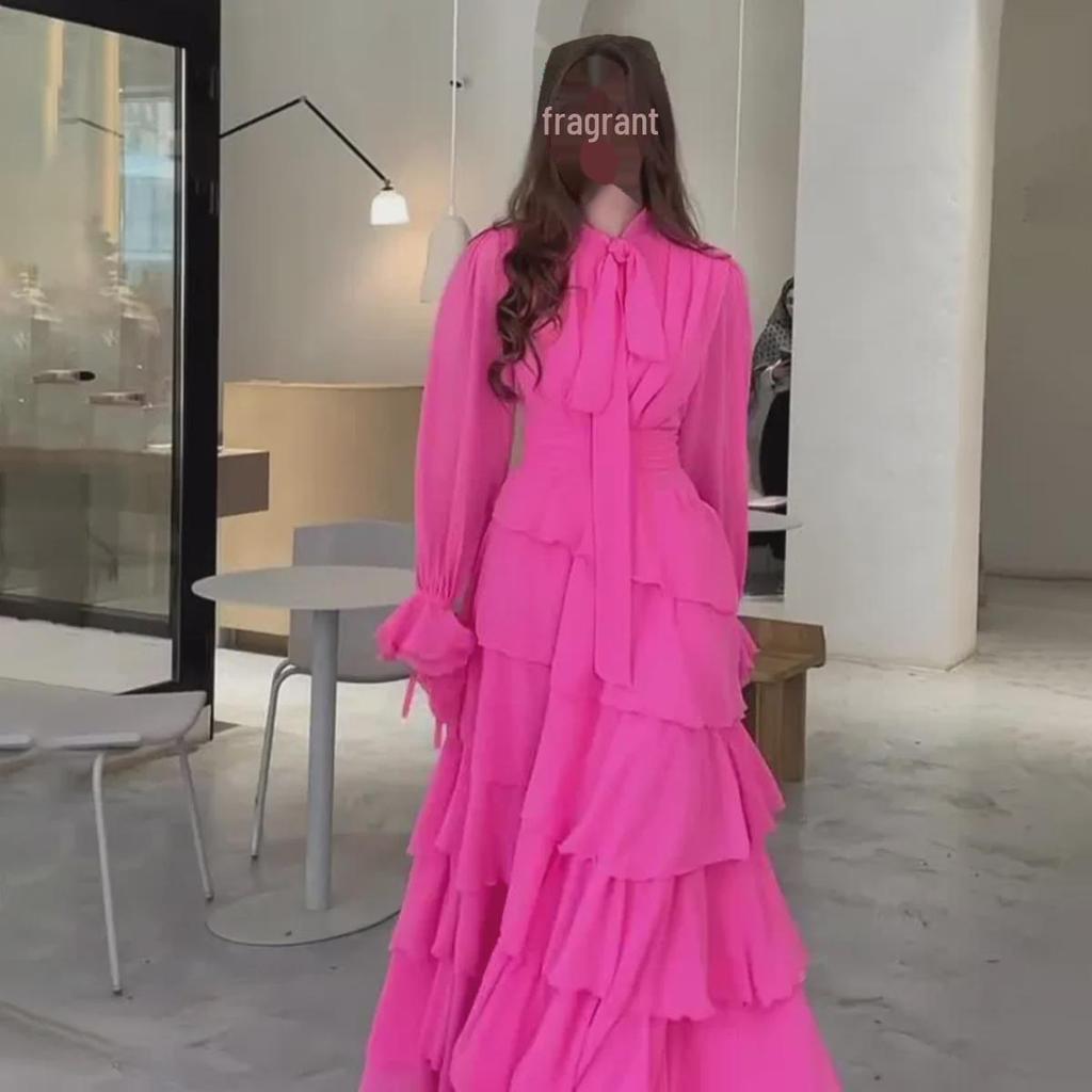 2024 Autumn Ruffle Stitch Chiffon Palace Dress with Half High Collar