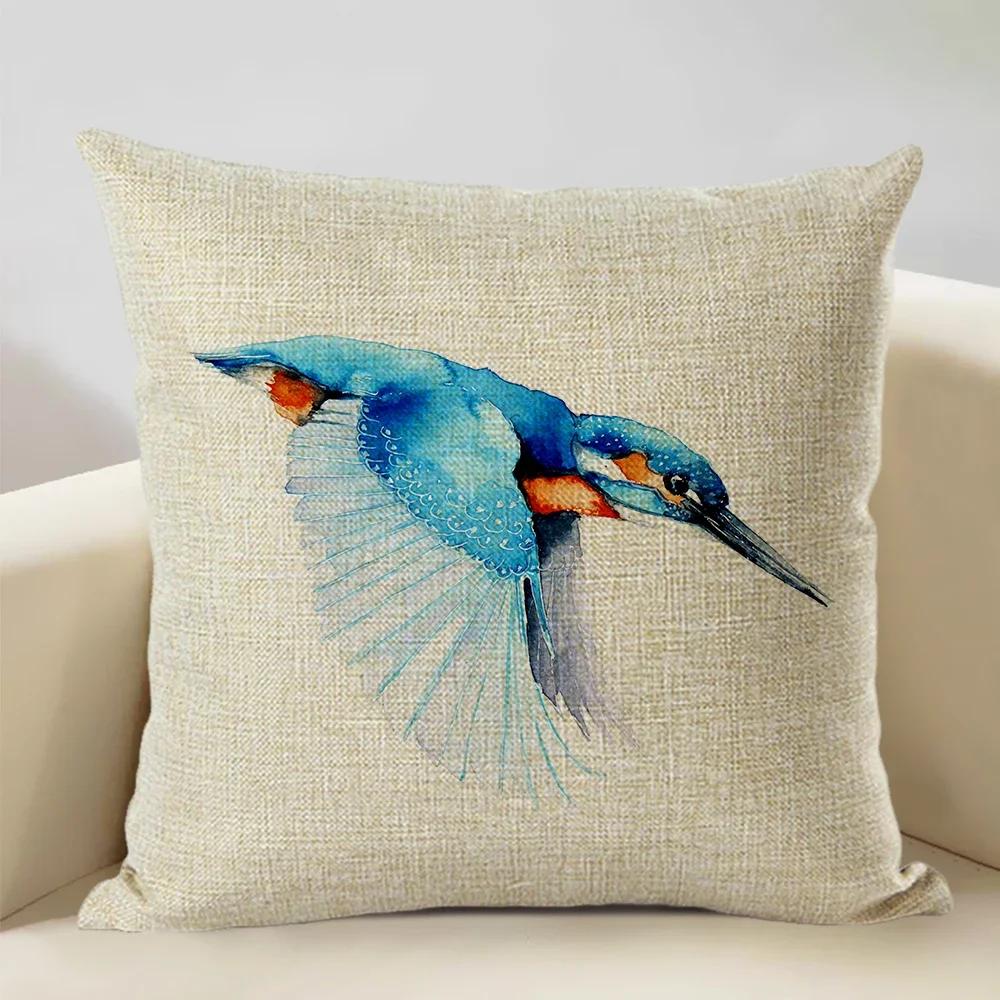 Watercolor Animal Bird Home Sofa Pillow Case Kingfisher Printed Decoration Throw Pillowcas 45x45cm Cushion Cover