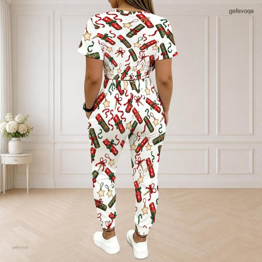 Women Plus Size Two Piece Set Round Neck Short Sleeve Ghost Printed White Crop Top Drawstring Cuffed Pants
