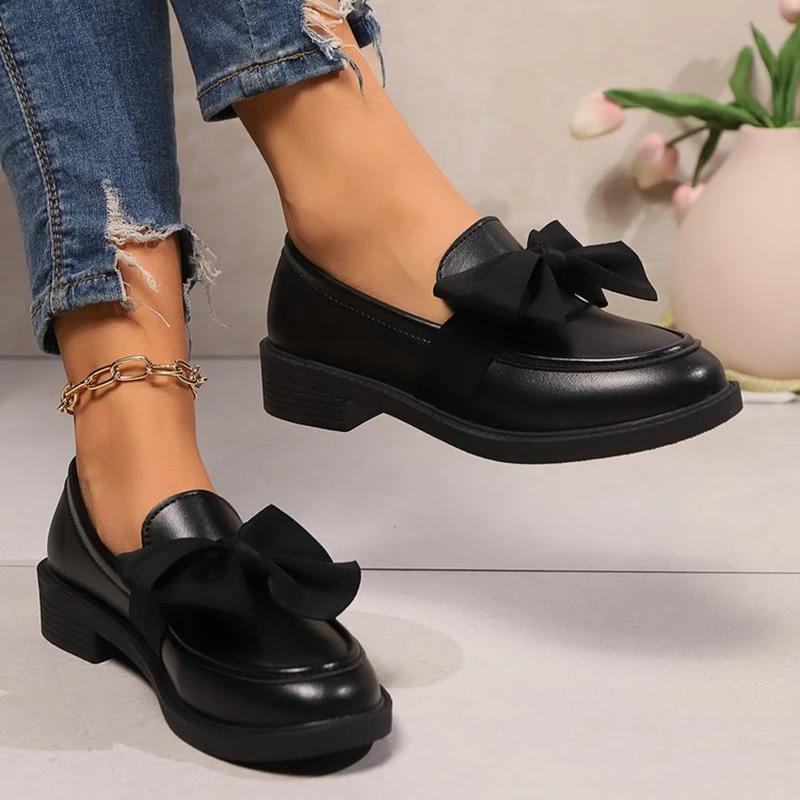 Fashion Fashion Bowknot Slip On Loafers for Women 2025 Summer Solid Color Patent Leather Shoes Woman Comfort Soft Sole Platform Loafers