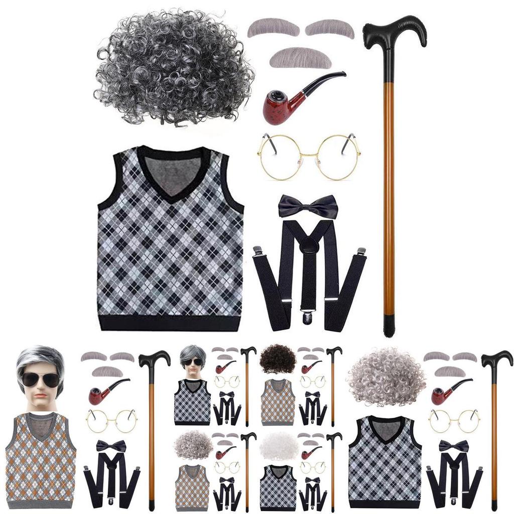 Classic Grandfather Costume Wig Set Featuring Short Soft Curly Hair And Stylish Vest For Kids