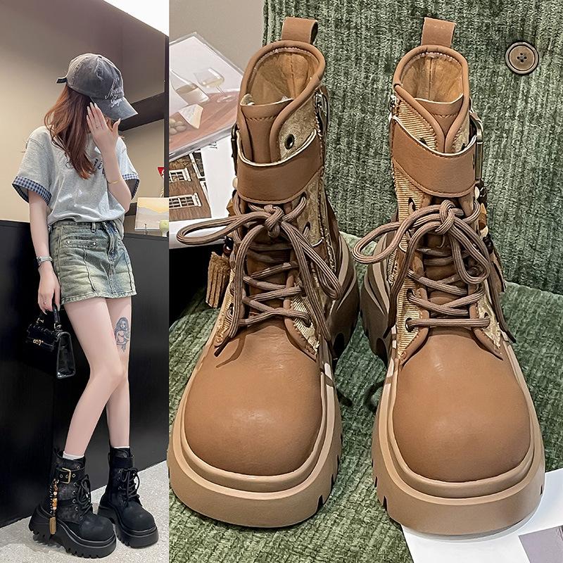 

2025 early autumn new platform Martin boots British style splicing denim retro short boots versatile casual women s shoes 40 жёлтый