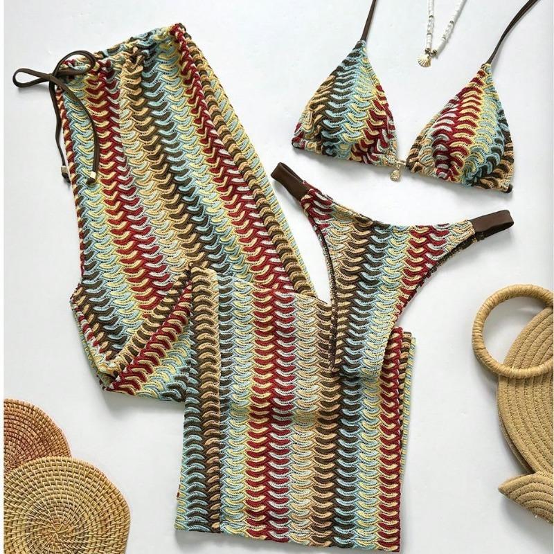 Women S Three Piece Swimsuit Set Knit Lace Up Long Pants Bikini For Beach Vacation