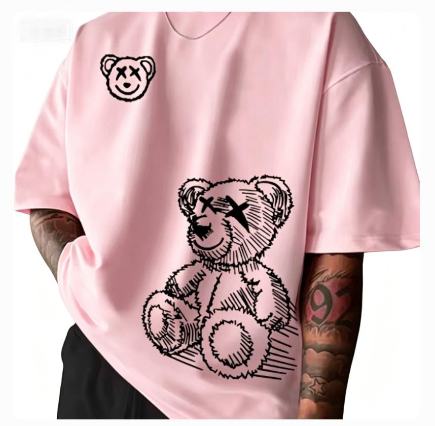 Summer Unisexs Pure Cotton Casual Sports Loose and Fashionable Cartoon Bear Pattern Printed Round Neck Short Sleeved Tshirt Soft
