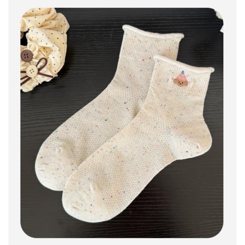 Boneless Short Tube Embroidered Bow Socks for Women, Spring and Summer Breathable Ballet-style Women's Socks, College-style Short Socks